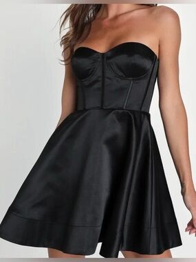 Lulu's Black Strapless Satin Corset Fit-and-Flare Dress